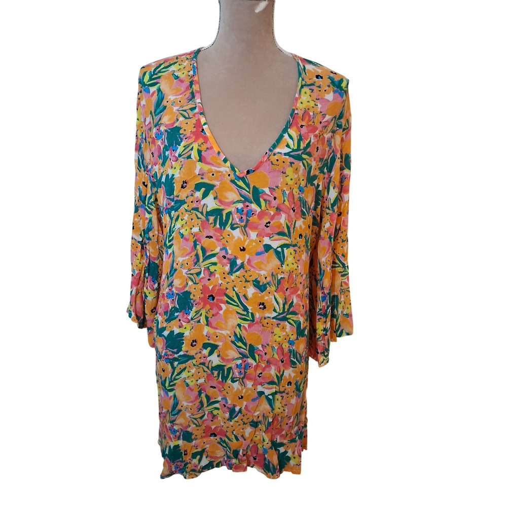 Anne Cole Floral Swim Cover Up Dress XL/XXL Orange Pink Tropical V-Neck Rayon